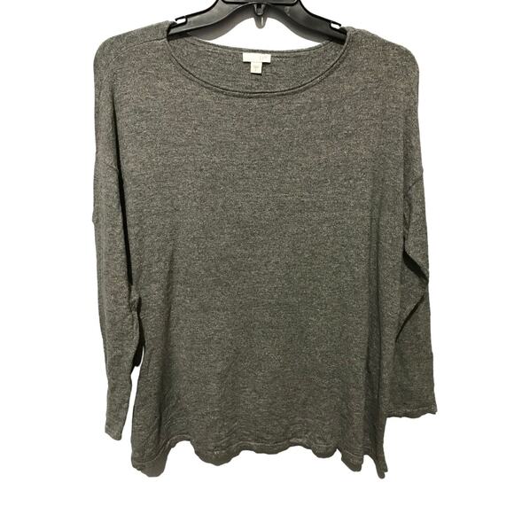 J Jill Size Large Grey Marled Knit Top Boat Neck Long Sleeve Side Slits Cotton - Picture 1 of 9